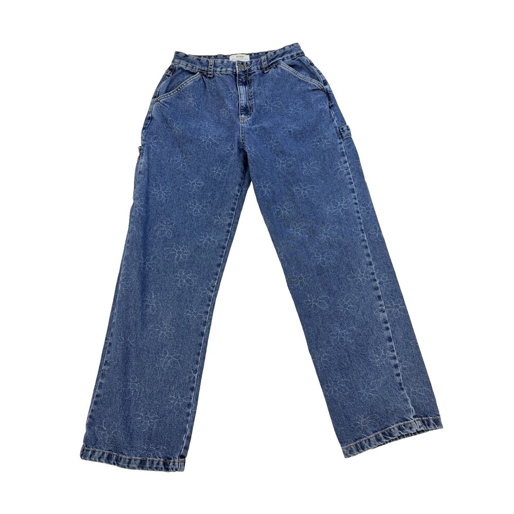 Cotton On Floral Carpenter Jeans Size 8 Blue Wide Leg Cargo Pants High Rise